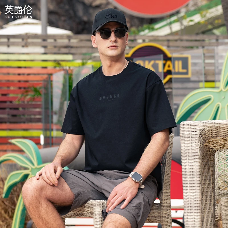 重磅凉感7A抗菌短袖t恤男潮流山系印花宽松落肩五分袖上衣T3273