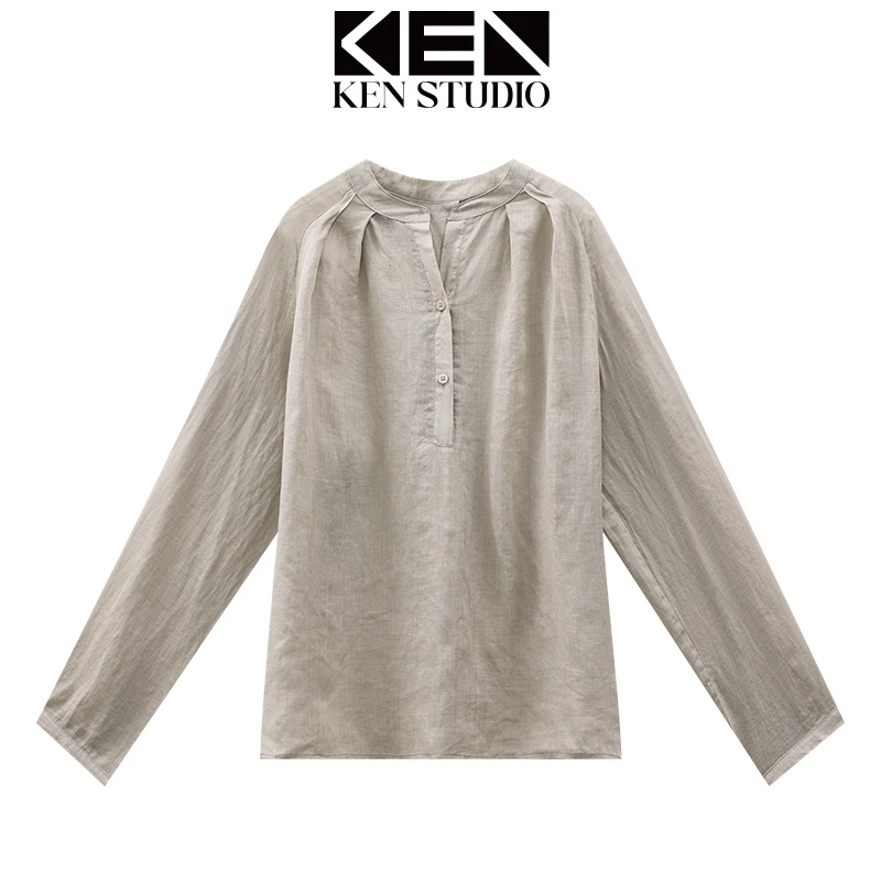 KEN STUDIO秋季新款慵懒防晒长袖衬衫女圆领宽松显瘦百搭防晒上衣