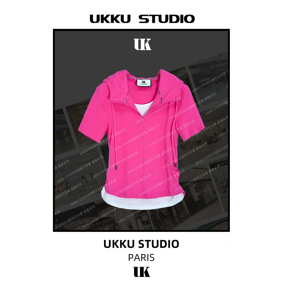秀秀【UKKUSTUDIO】夏季休闲假两件小众拼接薄款针织卫衣313794