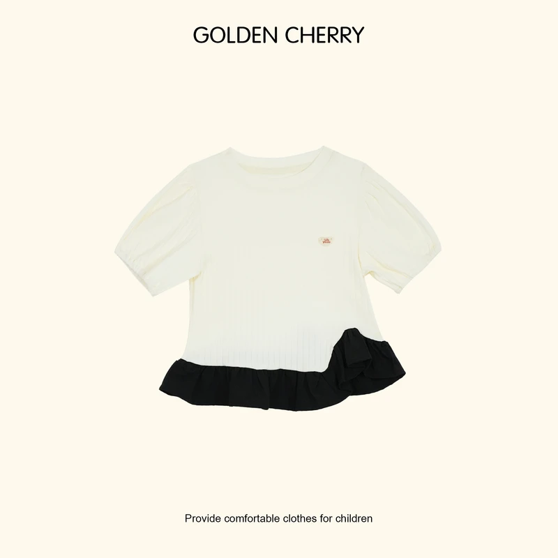 【Golden cherry】小童爱心小标黑白拼接休闲T恤283152