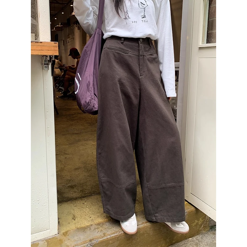 慵懒风一字袋直筒阔腿裤女秋冬季高腰宽松休闲裤设计感拼接梧桐裤