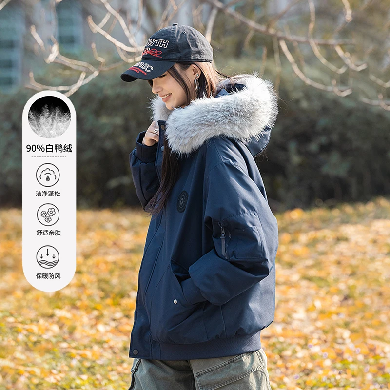 GOLFCROSS工装羽绒服女款冬季2025新款派克服外套大毛领加厚保暖