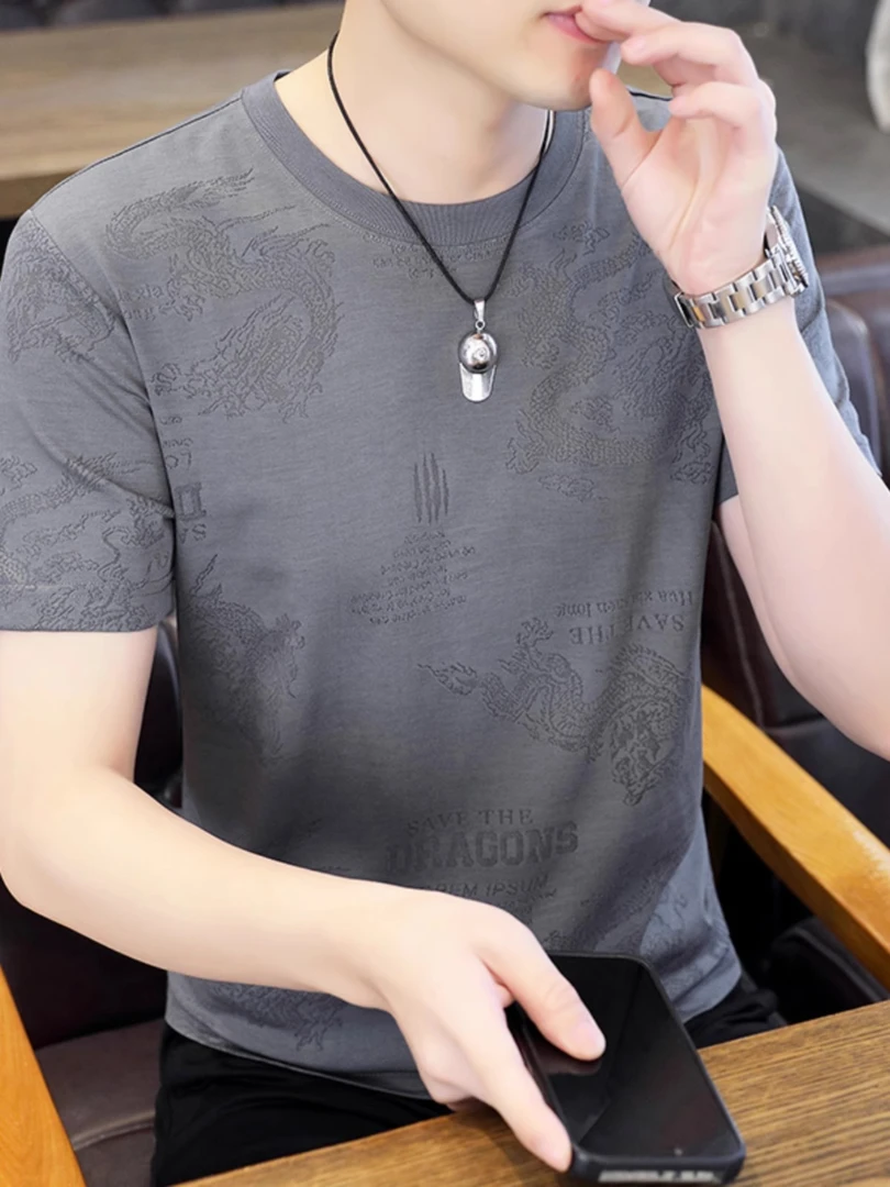 复古提花吸汗透气圆领t恤衫男士短袖上衣服男装夏季半袖T