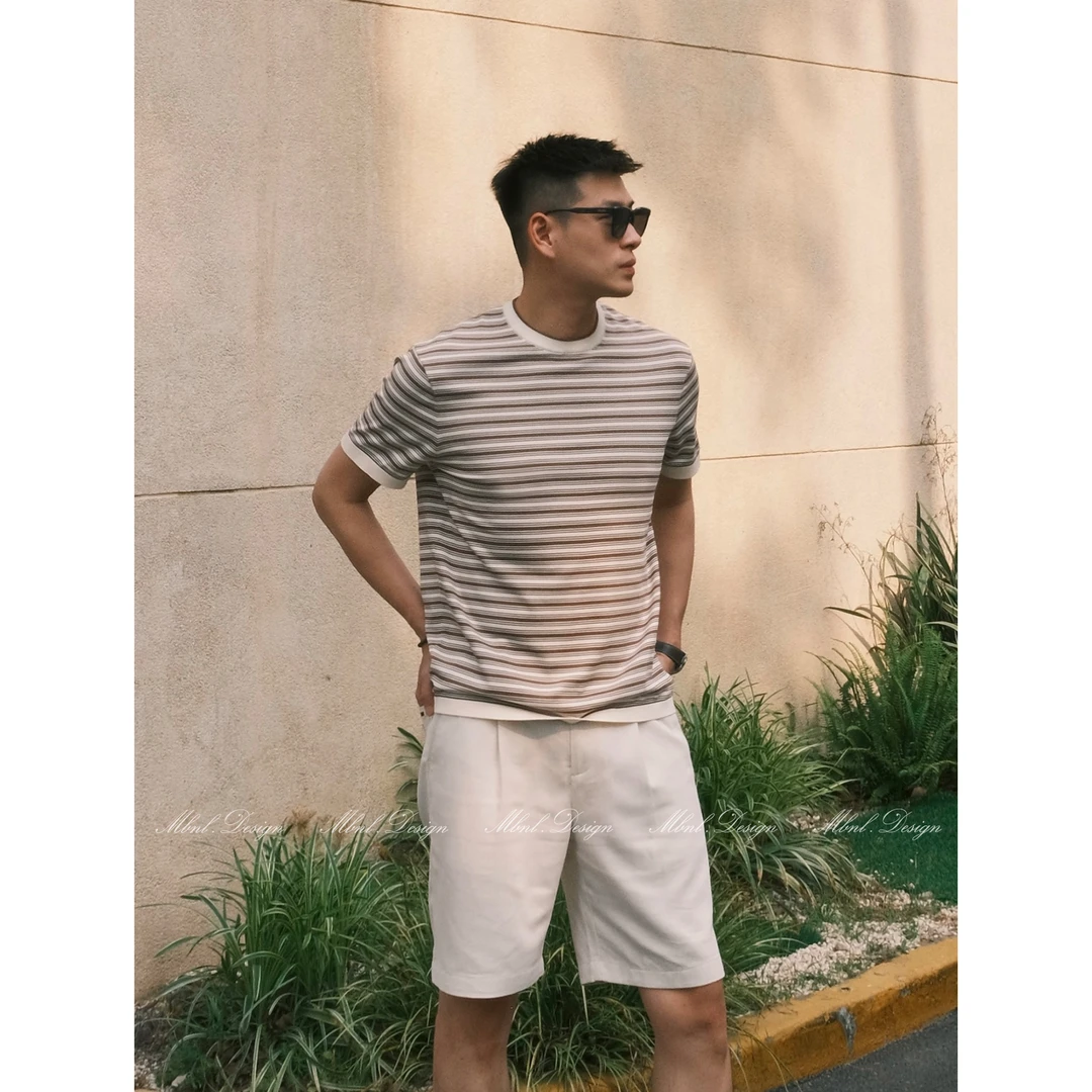 MBNL-F「织间录」秦磊男装进口40支16针咖白条纹针织短袖LL-WSY1085