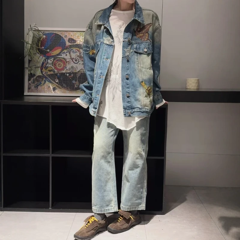 【小怪兽蝴蝶牛仔外套】2025春新品刺绣工装风翻领宽松外套女