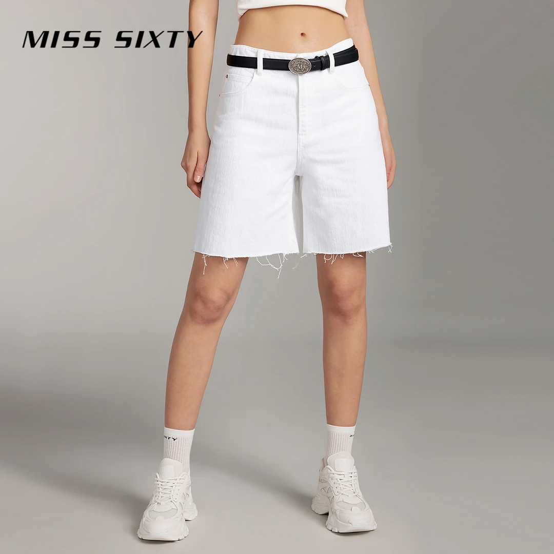 Miss Sixty夏季新款牛仔短裤女白色高腰显瘦直筒裤磨破高街风