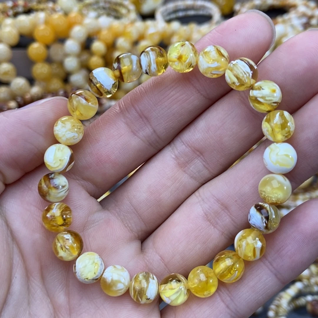 琥珀未镶嵌手链8+mm沁色金漆白