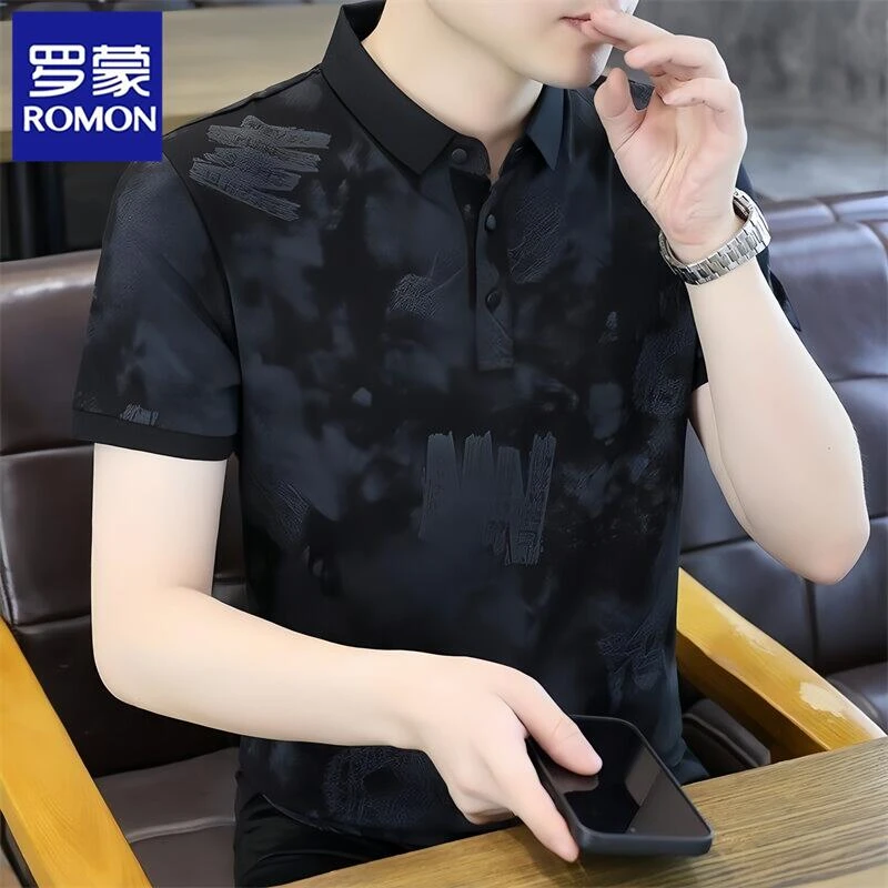 Romon/罗蒙夏季潮牌带领子短袖t恤男士高级感印花翻领帅气polo衫T