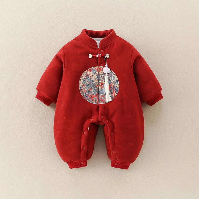 婴儿国风薄棉连体衣唐装夹棉哈衣新生儿满月加厚爬服宝宝抓周服