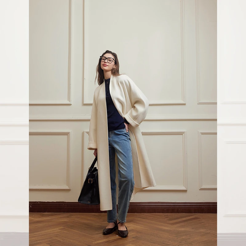 THE VEVER 1O白羊绒9O绵羊毛浴袍式呢大衣冬季中长款外套女