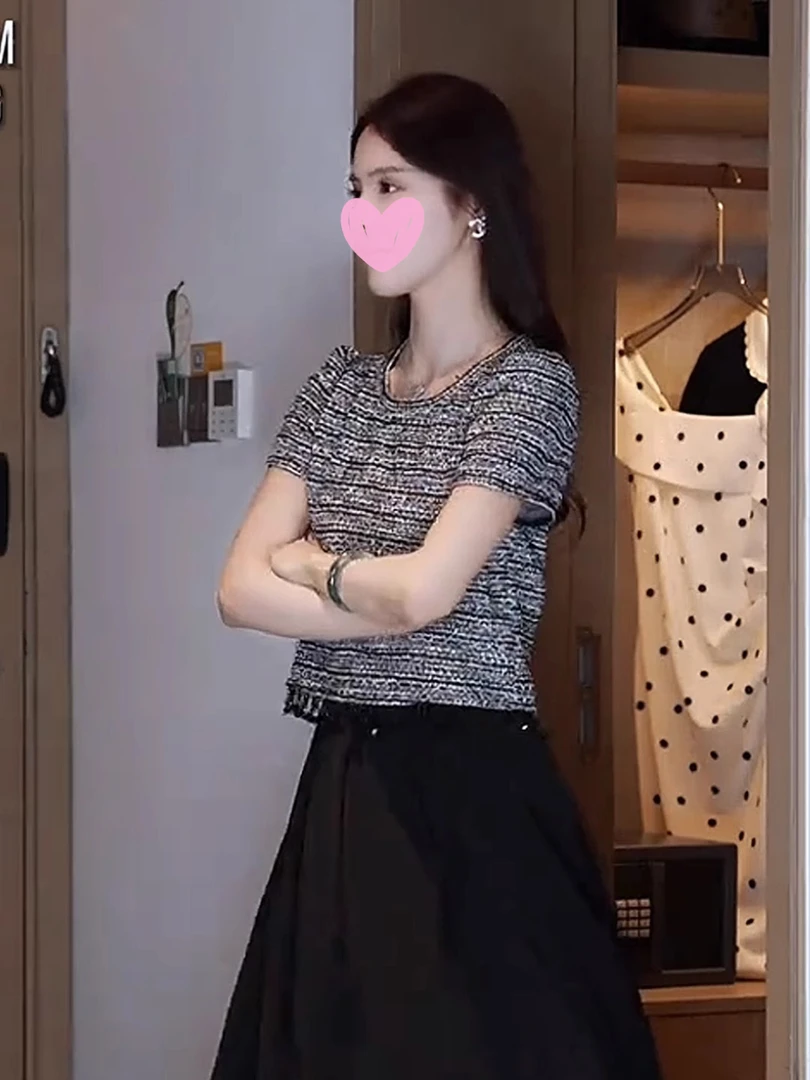 张元一同款女装韩系高级感条纹流苏针织衫女夏季重工亮片短袖上衣