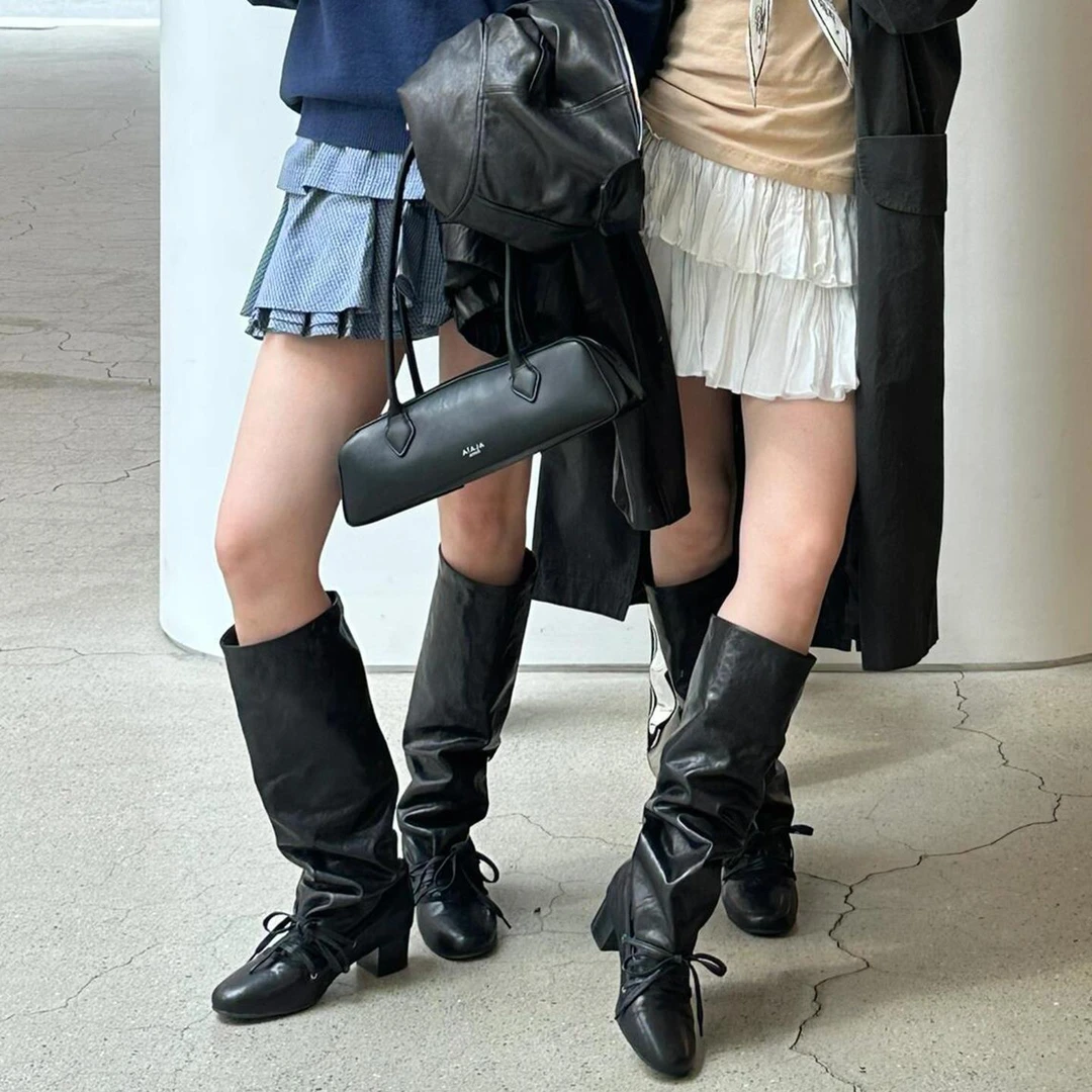 【CBMT旗舰店】CBMT覆古绑带小众裤筒靴女粗跟厚底长靴女不过膝尖