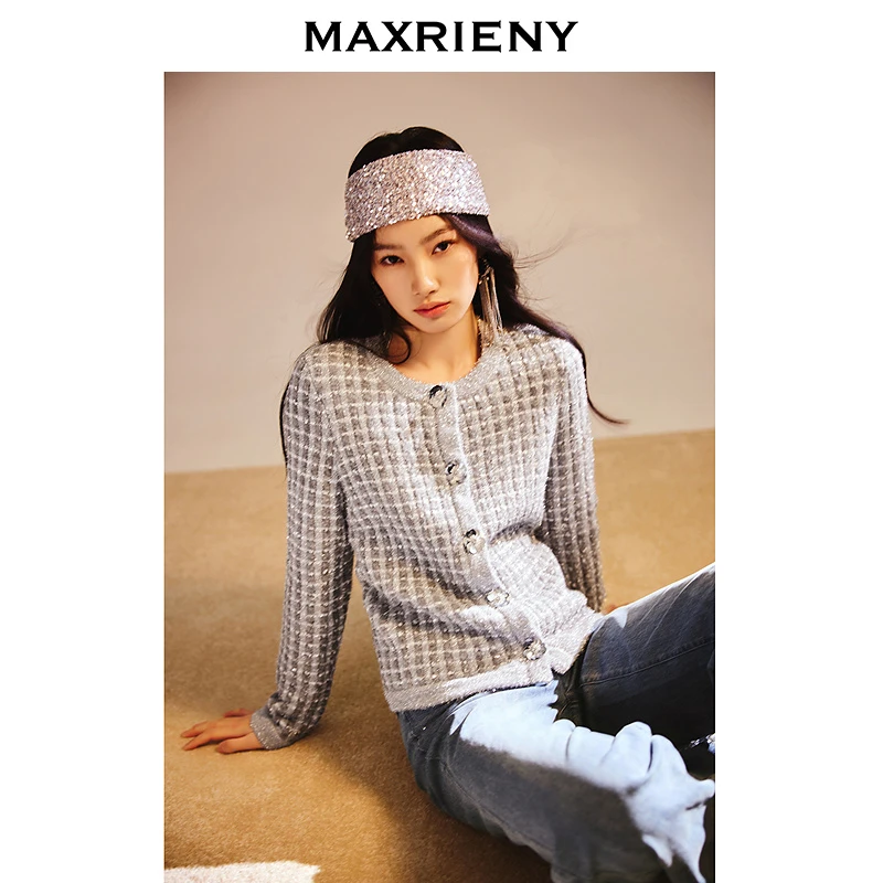 【陈大可专属】MAXRIENY精致外套女冬灰格箱型高级气质设计感上衣