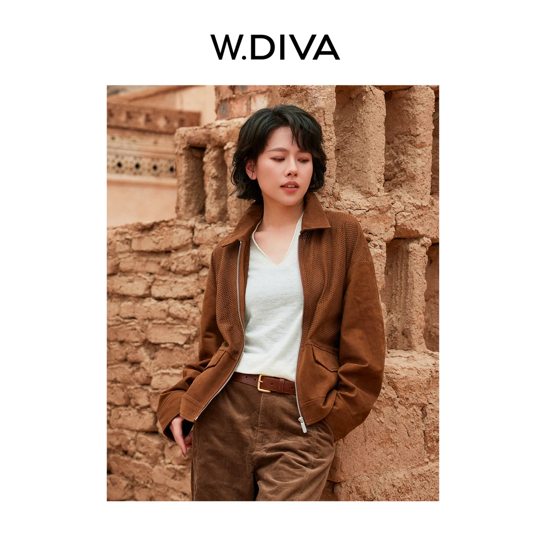 W.Diva【呼吸主义】复古头层正绒面小牛皮拉链皮衣夹克53C012784