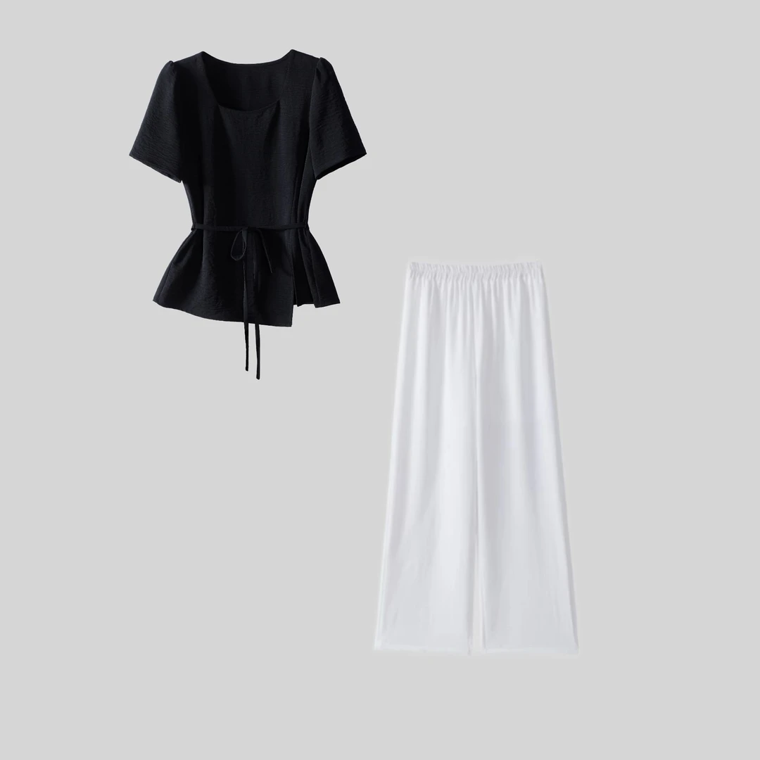 【两件套】韩系气质套装2025夏季新款显瘦上衣+阔腿裤套装L0357