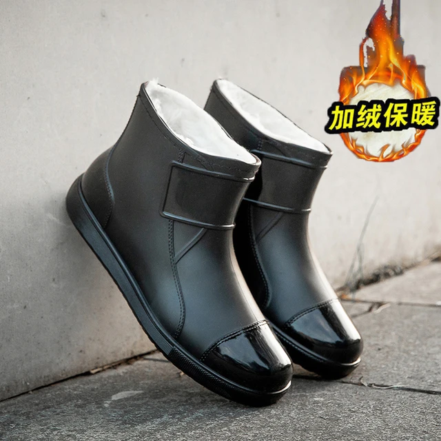 冬季一体加绒大码雨鞋46 47男款平底短筒厨房防滑防水鞋雨靴胶鞋