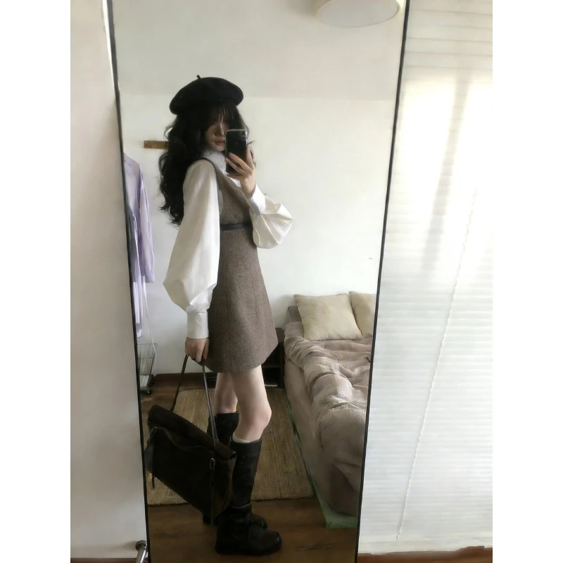 2025秋冬设计感时尚减龄长袖衬衫法式高级感气质纯欲收腰a字短裙