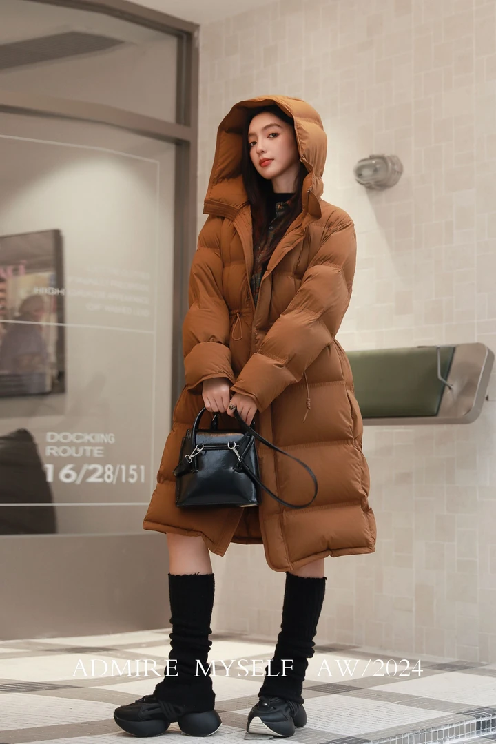 高品质收腰宽松抽绳连帽长款加厚鹅绒服J24923