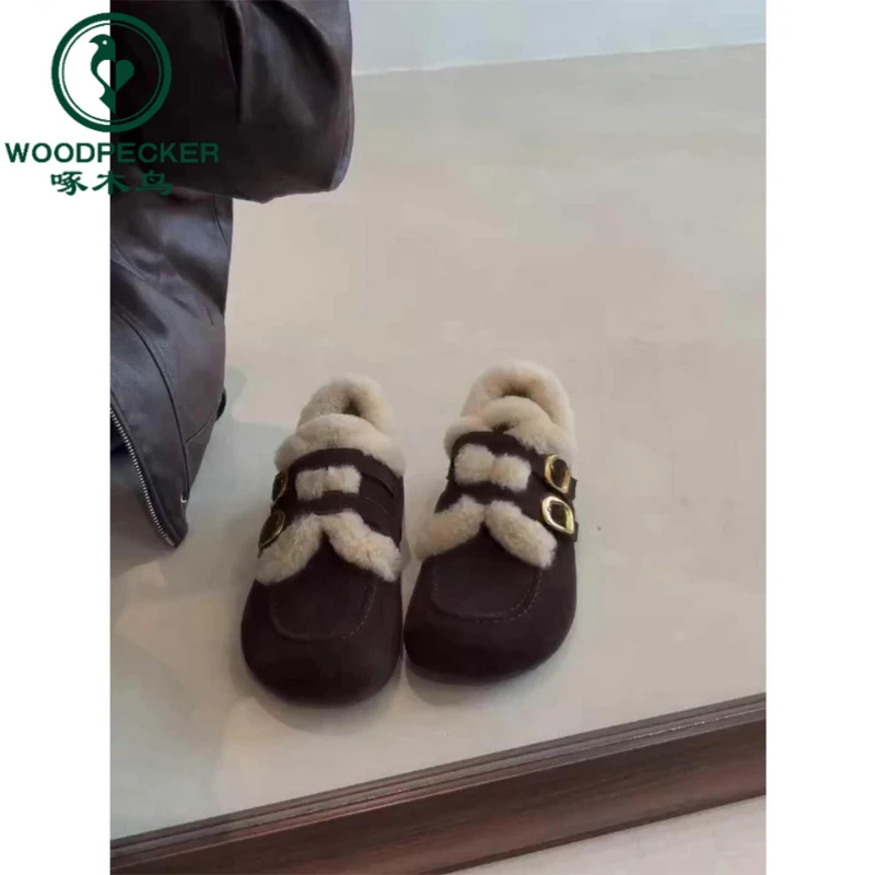 啄木鸟加绒毛毛鞋女2025冬季新款保暖外穿毛毛棉鞋百搭复古包头拖
