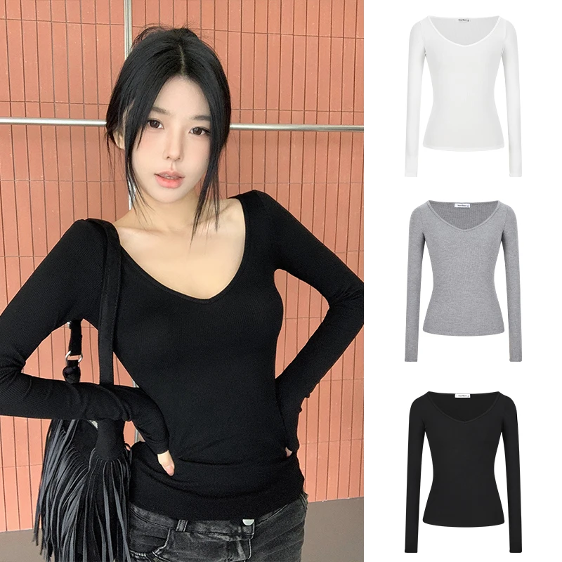 Moses Queen/魔西女王鹅蛋领垂感纯欲长袖T恤修身掐腰显瘦打底衫
