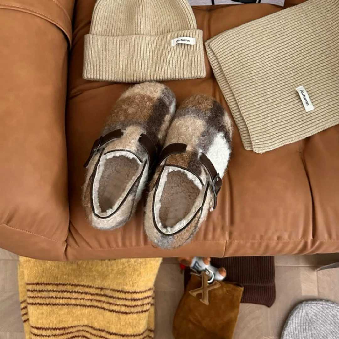 SUSU 百搭保暖勃肯鞋松果毛毛鞋加绒乐福鞋665 右架5
