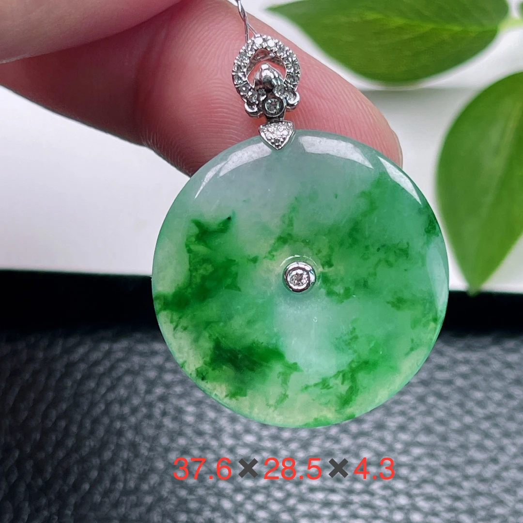 天然缅甸翡翠A货～冰种飘绿花满色平安扣吊坠冰润18k绿玉扣挂件Z