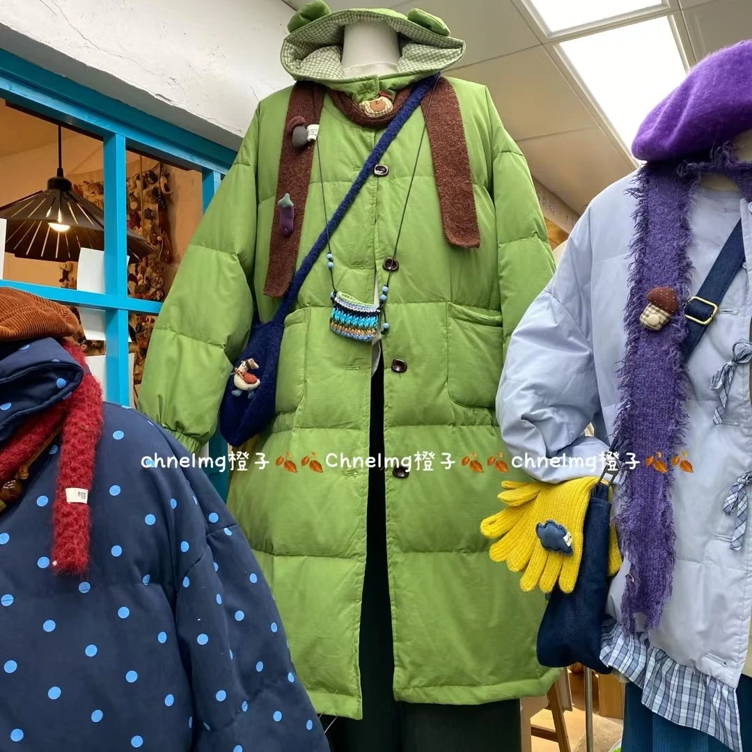 日系可爱减龄百搭格子熊耳朵连帽中长款羽绒外套（衣长100胸围130）