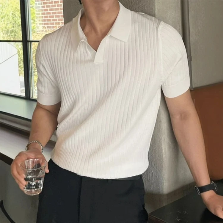 夏季新款静奢质感竖条浮雕亨利领Polo短老钱风麦穗POLO衫