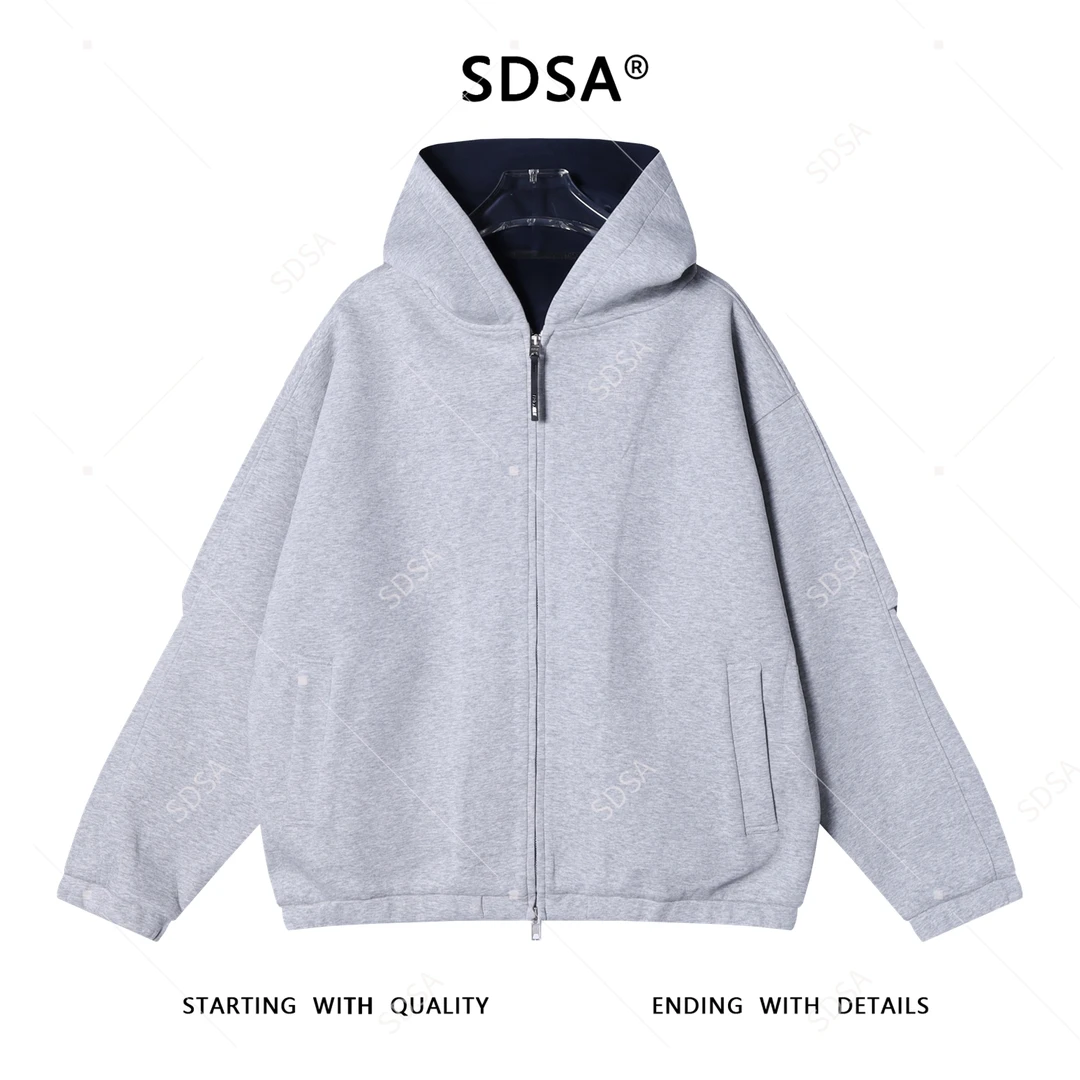 SDSA秋冬新款痞帅男装韩版简约纯色褶皱拉链连帽卫衣百搭宽松外套