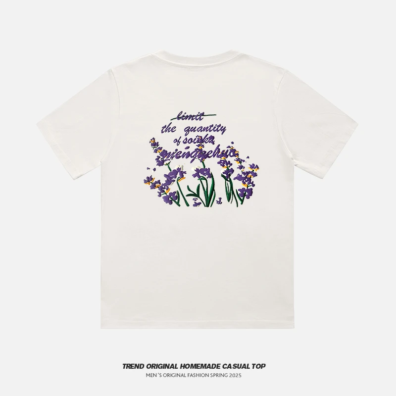 紫色花语短袖t恤女夏季花卉设计感小众宽松学院风街头体恤潮tee