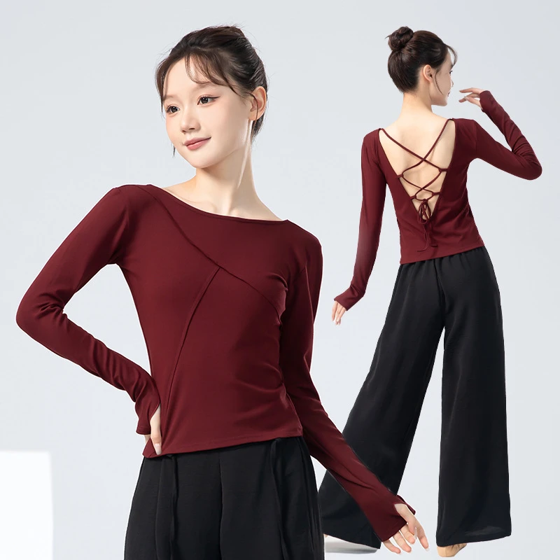 24683练功服女秋季新款长袖上衣修身绑带镂空舞蹈服集训形体服装