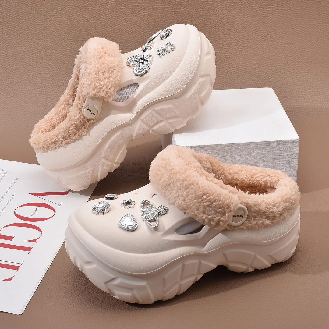 棉拖鞋女款冬季2025新款加绒洞洞鞋外穿防滑厚底增高保暖毛绒棉鞋