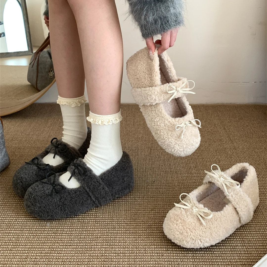 3CM内增高~INS蝴蝶结浅口棉鞋女冬软底鞋温柔风芭蕾舞鞋玛丽珍鞋