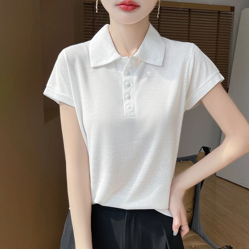 时尚POLO领短袖T恤女2025夏季女士大码t恤高腰韩版洋气显瘦设计感