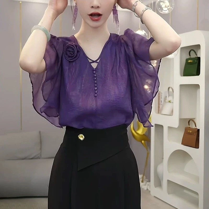 欧货紫色雪纺短袖衬衫女春夏季气质减龄设计感独特别致V领T恤上衣