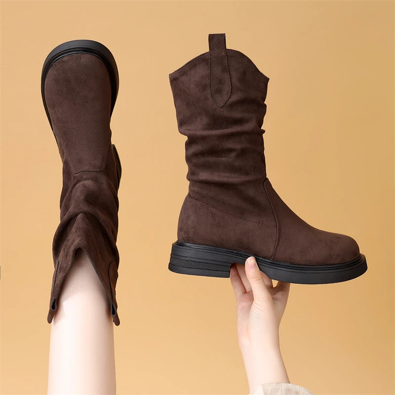 平跟复古超火中筒马丁靴女2025秋冬新款加绒软底显瘦堆堆靴小码34