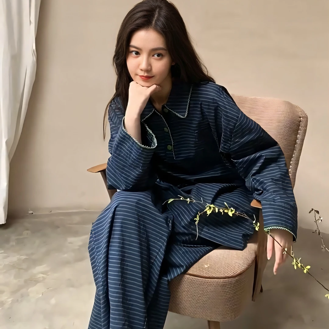 睡衣女士娃娃领条纹套头长袖长裤家居服春秋季新款韩版套装可外穿