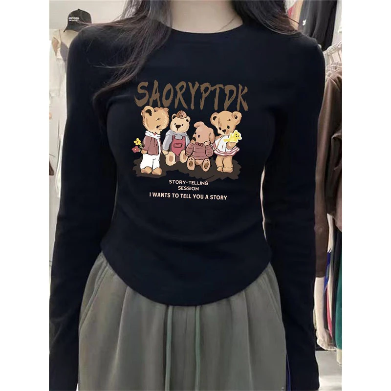 韩系穿搭德绒长袖T恤女秋冬季创意卡通印花内搭修身保暖打底上衣