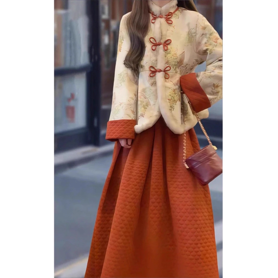 新中式国风套装秋冬高级感清冷感红色碎花盘扣外套半身裙子两件套