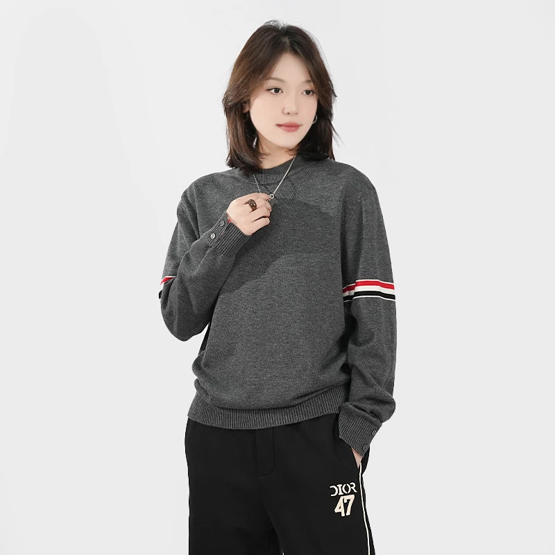 秋冬季简约休闲百搭条纹羊毛衫男士针织圆领修身短款保暖长袖上衣