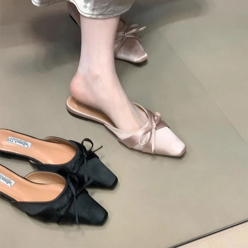 平底拖鞋女夏时尚外穿百搭尖头懒人半拖大蝴蝶结包头凉拖鞋女凉鞋