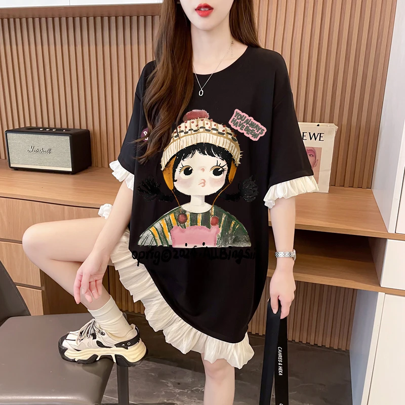 大码韩系中长款宽松遮肚T恤裙2025夏季假两件显瘦减龄百搭连衣裙