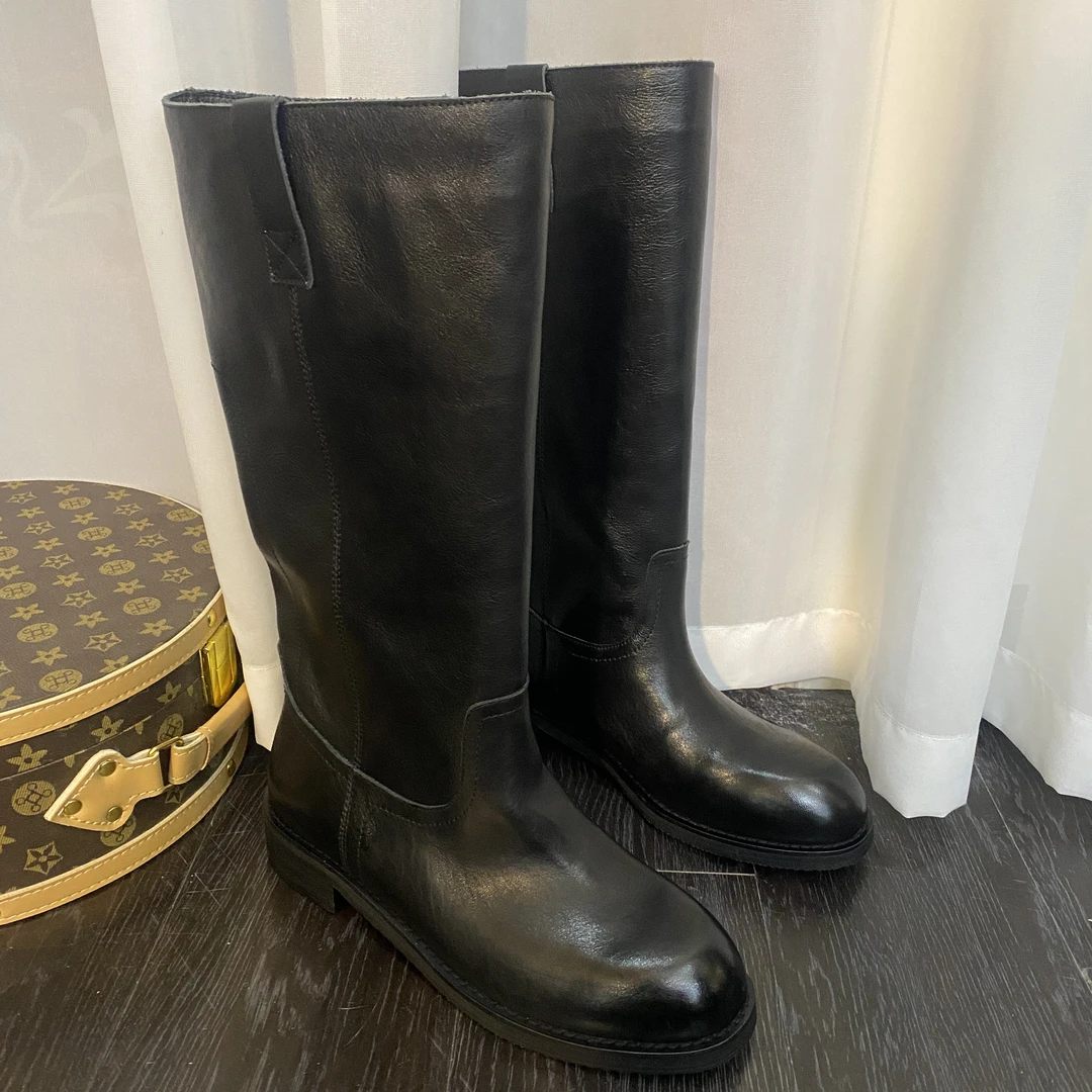 标准筒平跟真皮圆头长靴小个子靴子