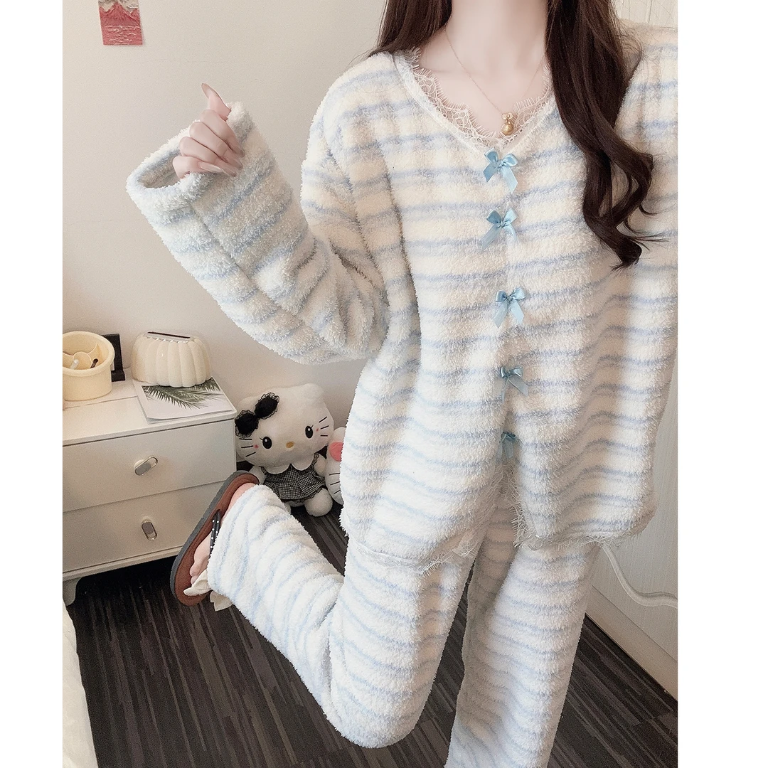 【软绵绵】睡衣女秋冬甜美花边保暖半边绒2025新款网红风家居服套装