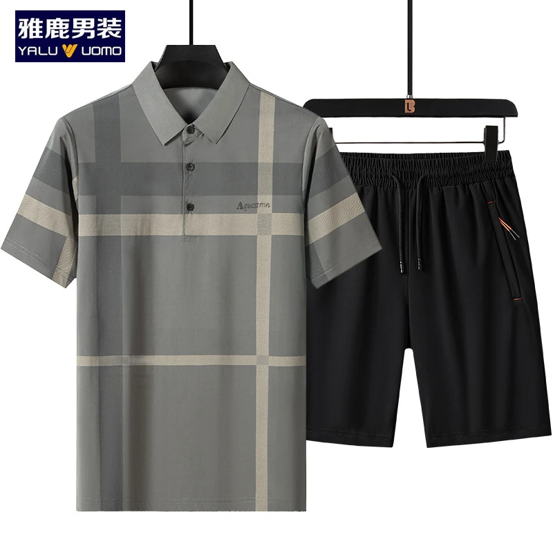 雅鹿男装夏季套装男两件套2025新款夏装爸爸短袖休闲中老年人衣服