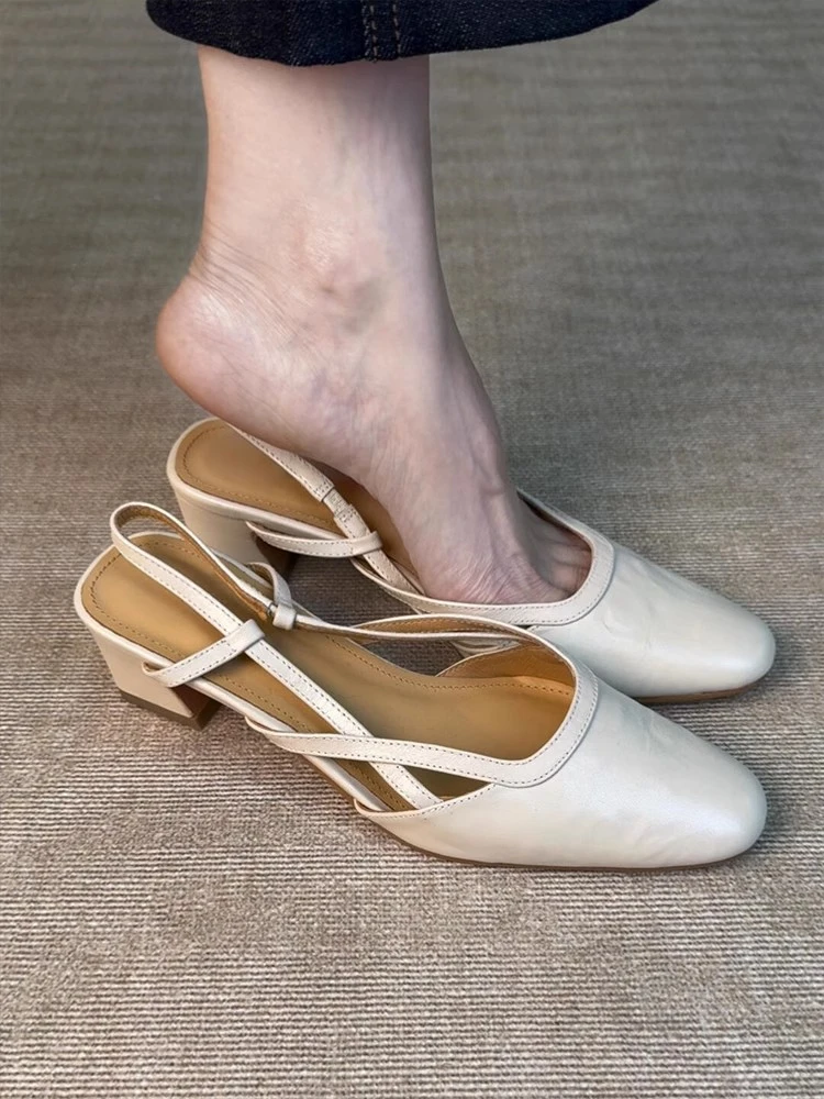 森唔~羊皮版复古优雅气质外穿包头凉鞋女百搭通勤一脚蹬粗跟单鞋