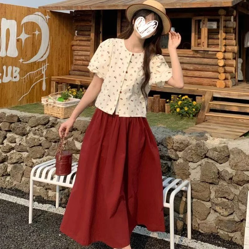 法式碎花衬衫搭配纯色宽松显瘦半身裙两件套女2025夏季新款