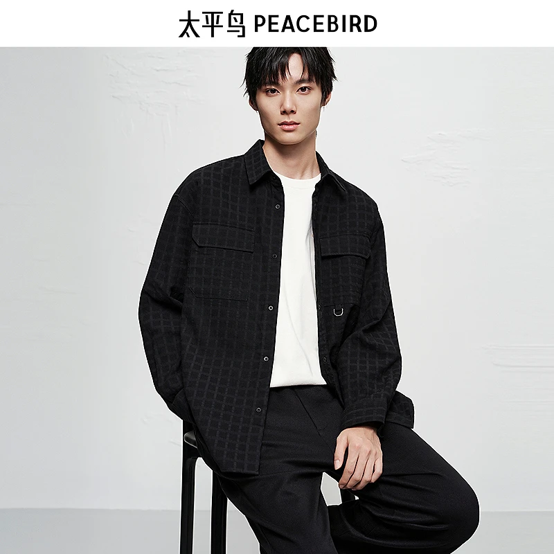 【商场同款】太平鸟男装冬新款格纹暗花宽松痞帅衬衫夹克B2CHF4129