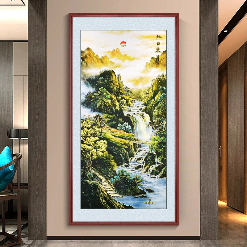 浮雕描金旭日东升入户玄关装饰画走廊过道挂画喷绘山水画