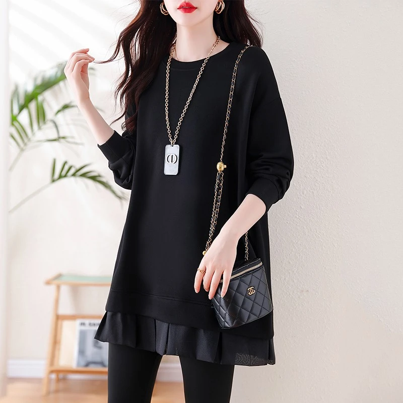 秋冬中长款卫衣欧货冬季新款拼接荷叶边纯色套头女宽松休闲上衣